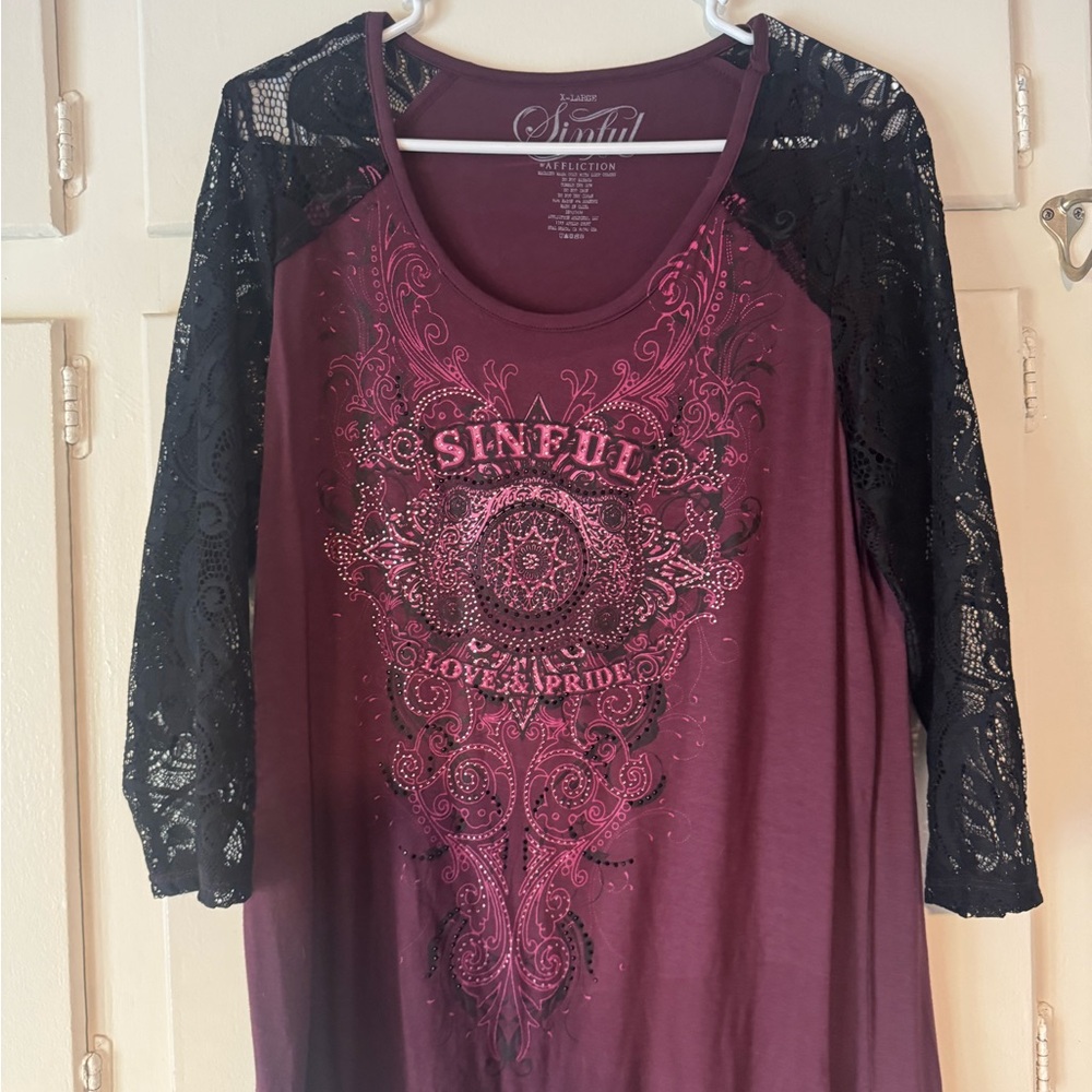 Sinful Women's Maroon Top with Black Lace Sleeves